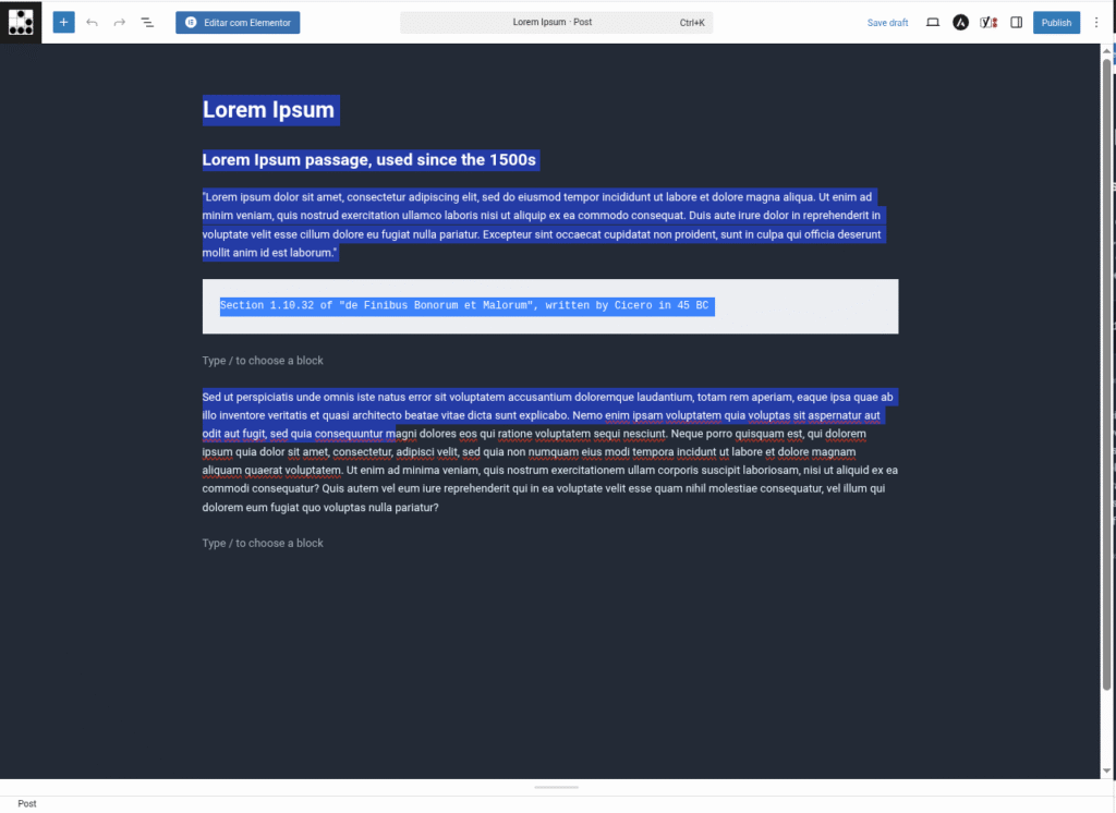 print de tela com fundo de bloco branco e texto selecionado